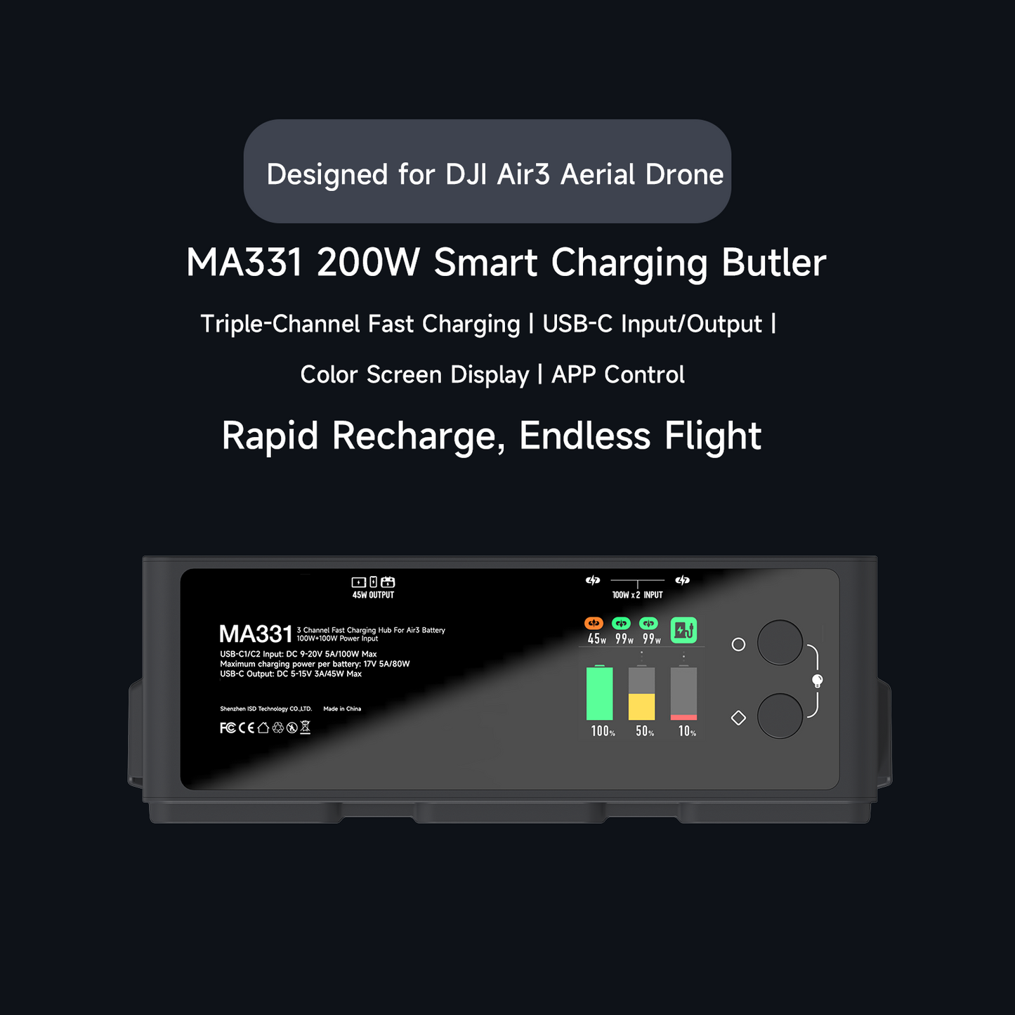 MA331 Air 3 Charging Hub,200W 3 Channel Smart Battery Charger for DJI Air 3 Series,RC Charger with APP Connection/LCD Display and Discharge Function ISDT