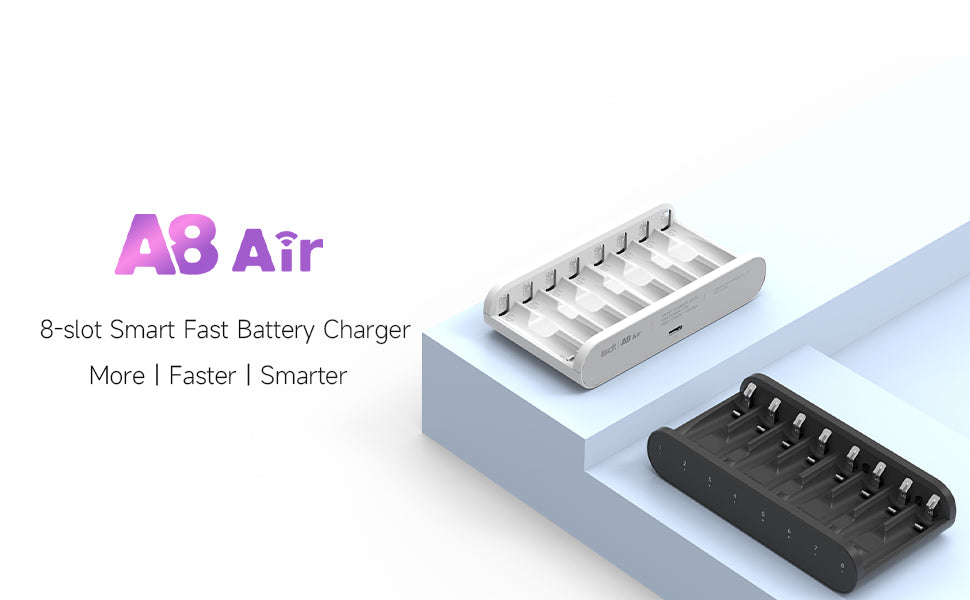 A8 Air Battery Charger,8-Slot Speedy Smart Battery Fast Charger with Bluetooth Function,Discharge Protect Function Rechargeable Battery Charger for AA AAA ISDT
