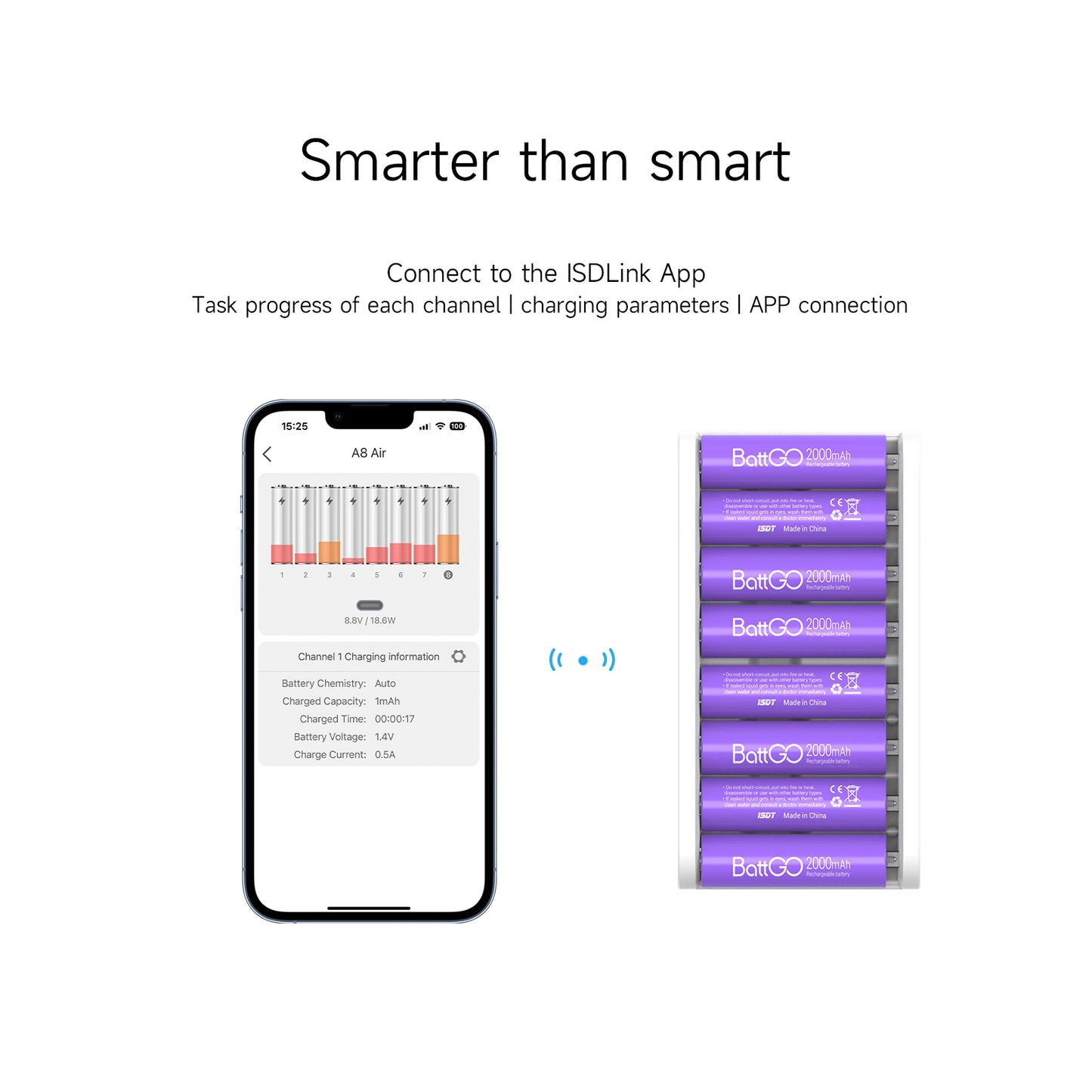 A8 Air Battery Charger,8-Slot Speedy Smart Battery Fast Charger with Bluetooth Function,Discharge Protect Function Rechargeable Battery Charger for AA AAA ISDT