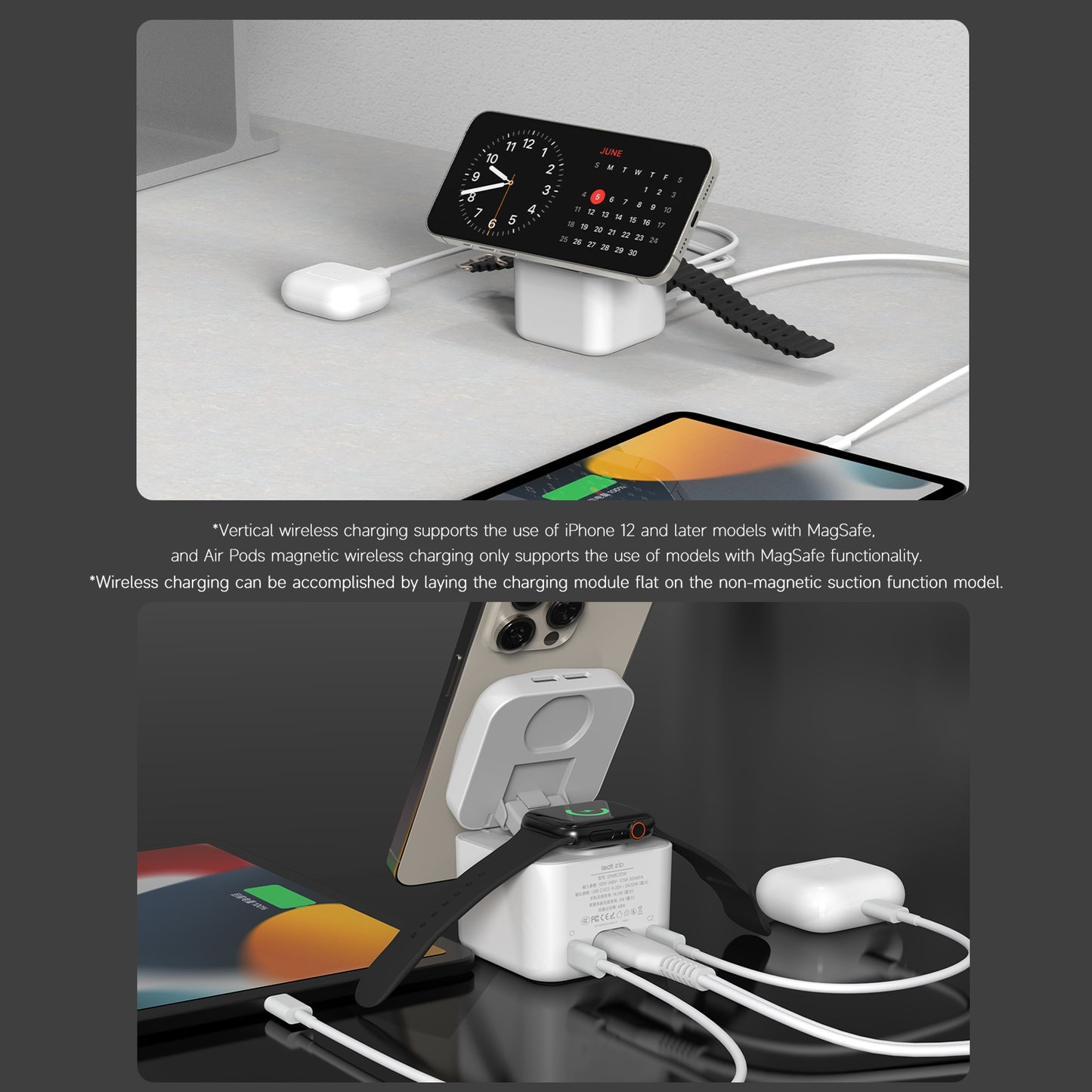 zip Magsafe Charger Stand,3 in 1 Wireless Magsafe Charger with 2x33W USB C Charge Ports for iPhone/Apple Watch/iPad/iPod,Portable Magsafe Charger for Home/Travel/Camp etc. ISDT
