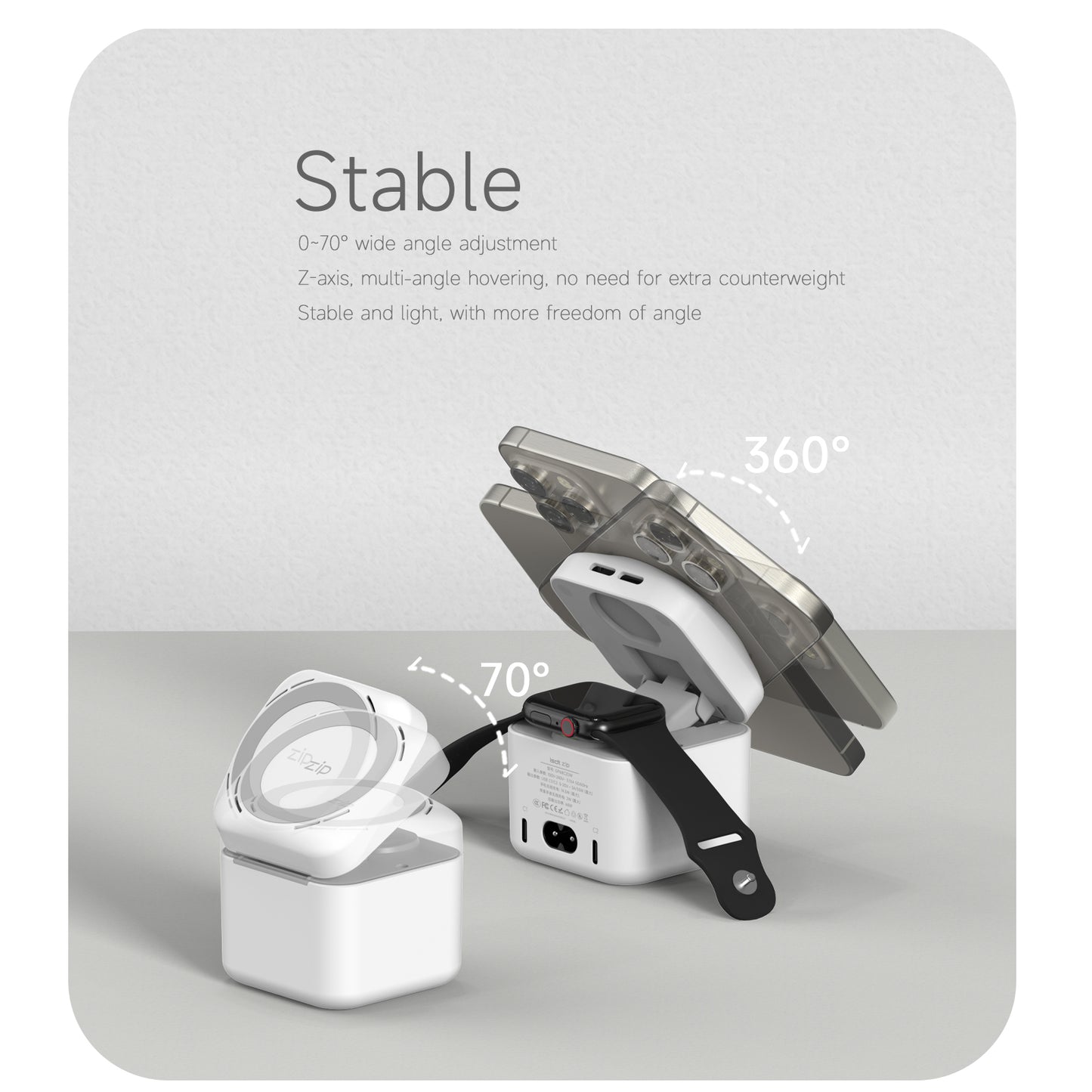 zip Magsafe Charger Stand,3 in 1 Wireless Magsafe Charger with 2x33W USB C Charge Ports for iPhone/Apple Watch/iPad/iPod,Portable Magsafe Charger for Home/Travel/Camp etc. ISDT