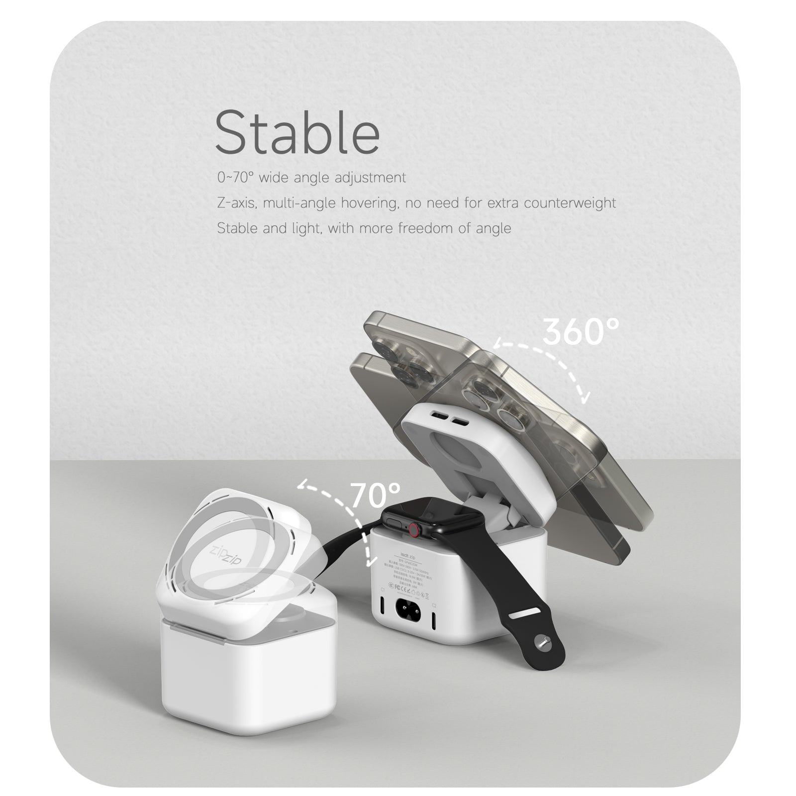zip Magsafe Charger Stand,3 in 1 Wireless Magsafe Charger with 2x33W USB C Charge Ports for iPhone/Apple Watch/iPad/iPod,Portable Magsafe Charger for Home/Travel/Camp etc. ISDT