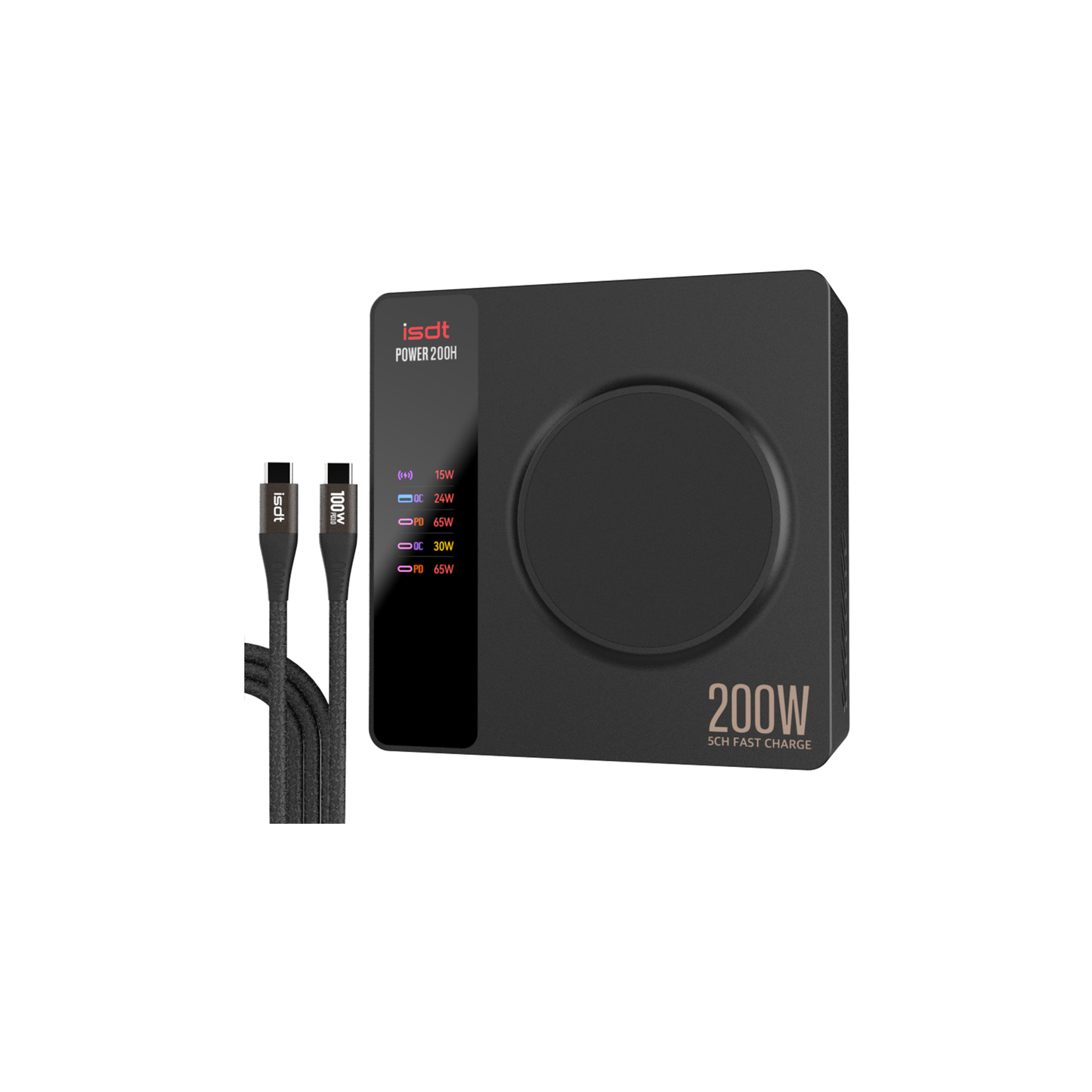 Power 200H USB C Charger,100W MAX Output Phone Charger with 4 USB+1 Wireless Charger Ports,LCD Display Multifunction Desktop Charger ISDT