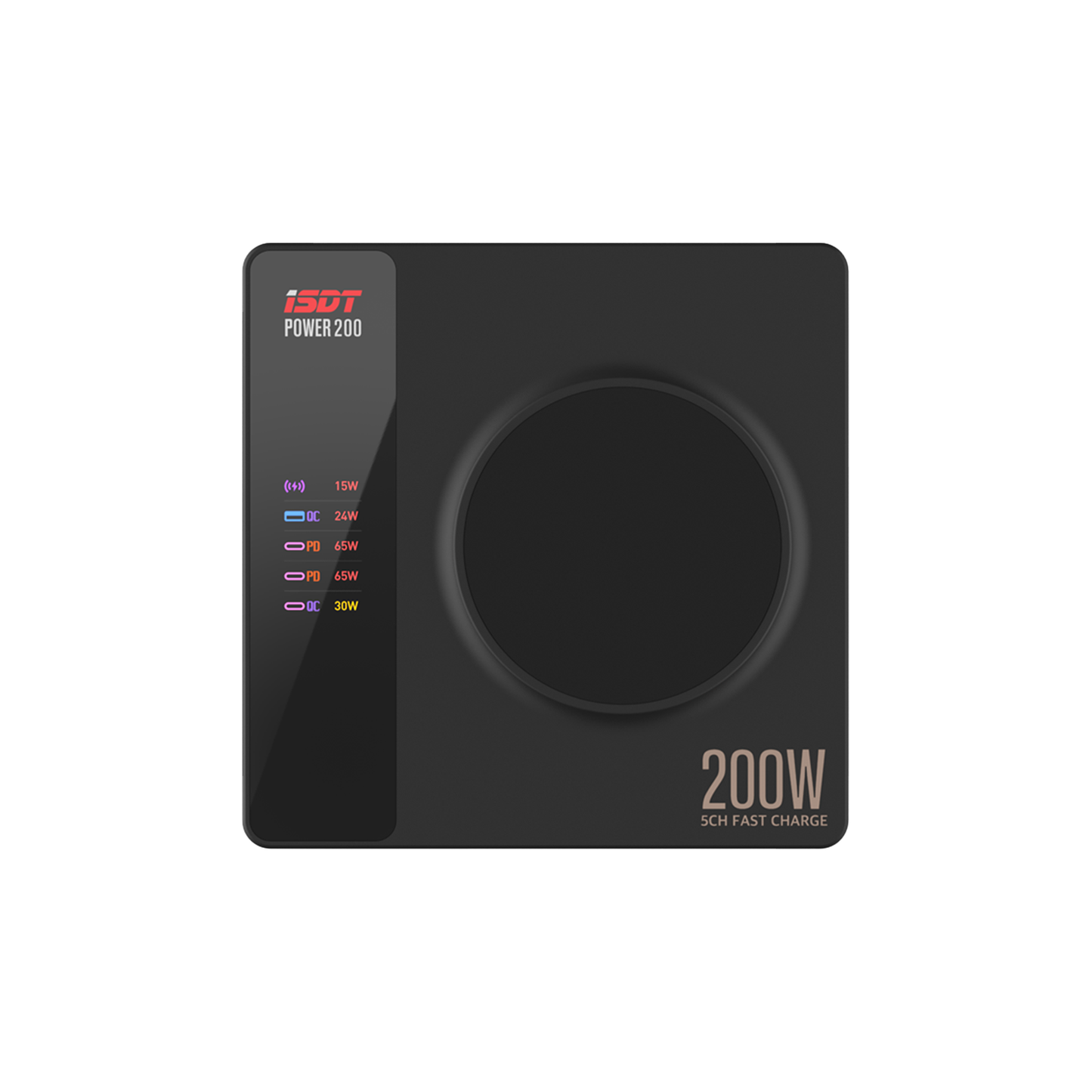 Power 200 Phone Charger,200W Smart Charger with 4 USB+1 Wireless Charger Ports,65W MAX Output LCD Display Multifunction Desktop Charger ISDT