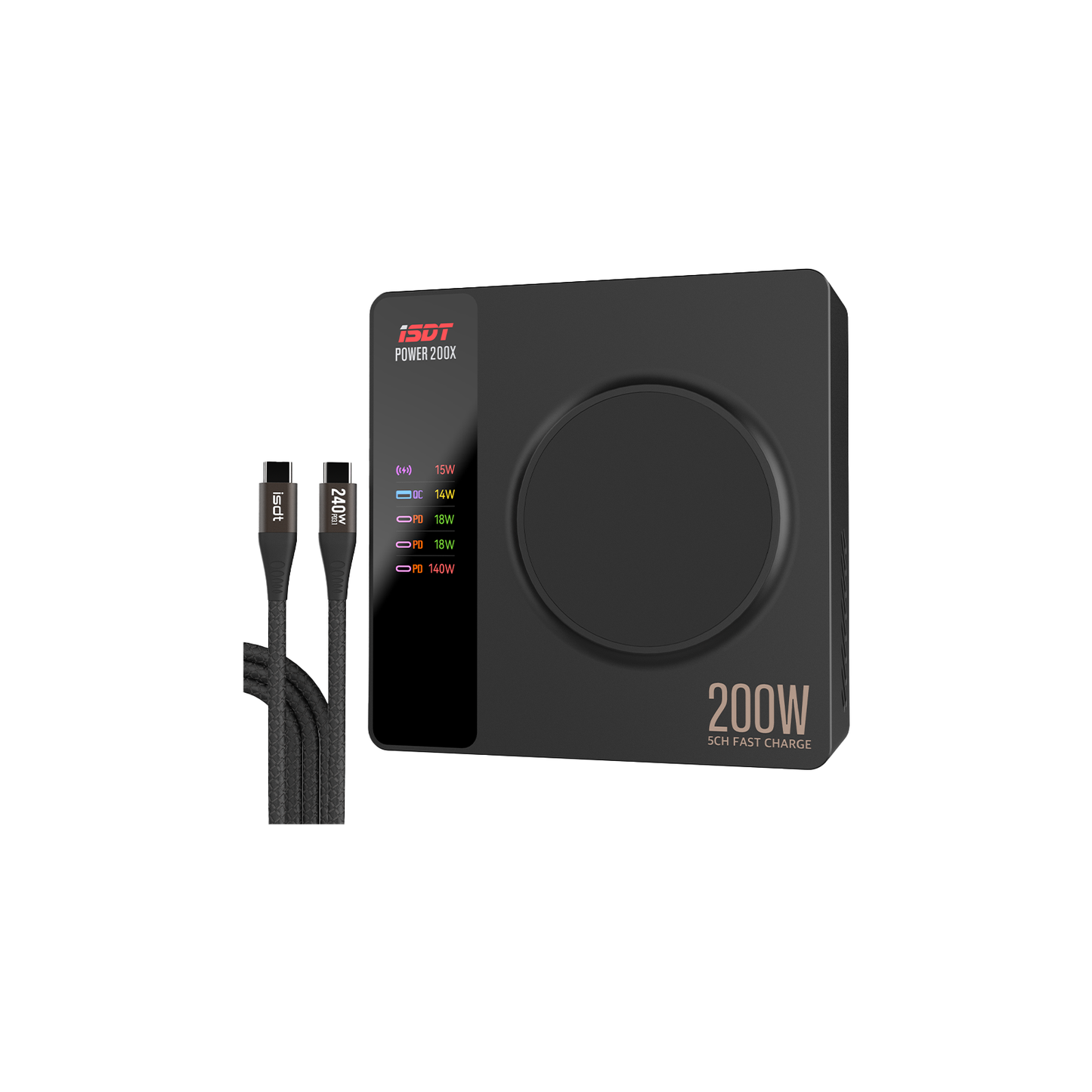 Power 200X USB C Charger,140W MAX Output Phone Charger with 4 USB+1 Wireless Charger Ports,LCD Display Multifunction Desktop Charger ISDT