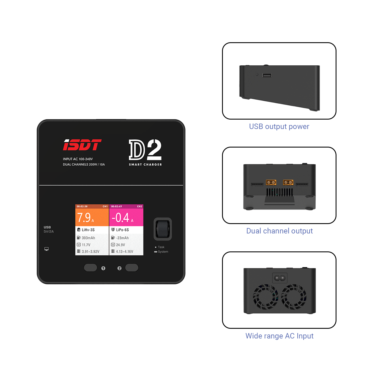 D2 Mark 2 LiPo Battery Balance Charger,Dual 200W 12A AC/DC Channel Output Charger ISDT