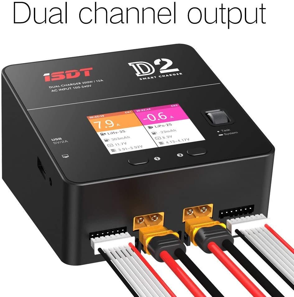 D2 Mark 2 LiPo Battery Balance Charger,Dual 200W 12A AC/DC Channel Output Charger ISDT