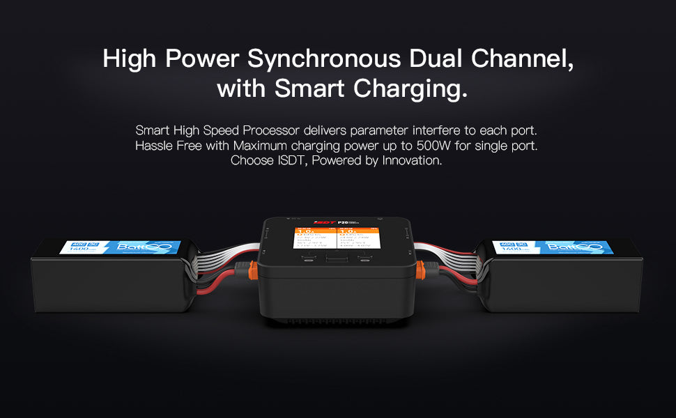 P20 Lipo Charger,DC 500WX2 20A Smart Charger for LiFe, LiIon, LiPo(1-8S)/LiHv(1-70S)/Pb(1-12S); NiMH/Cd(1-16S) Batteries ISDT