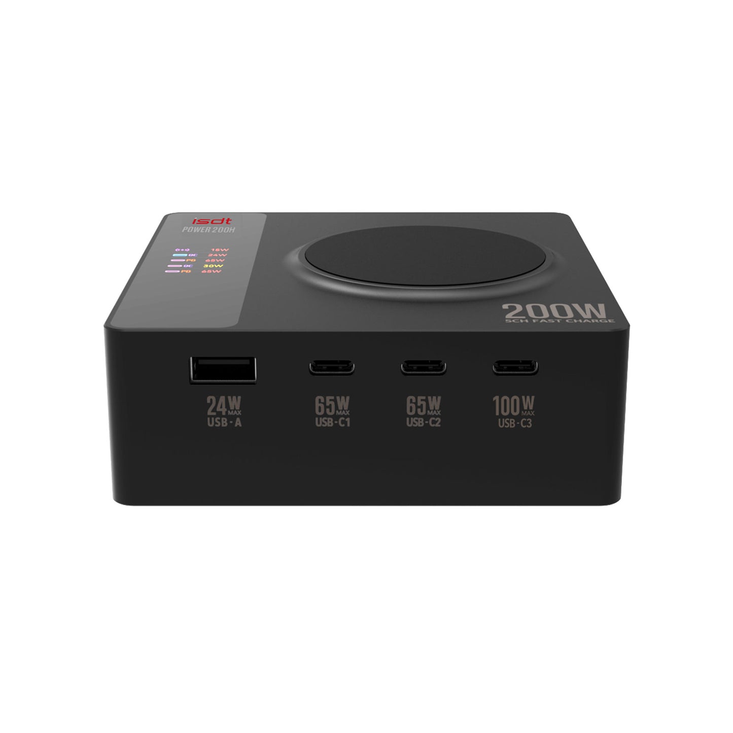 Power 200H USB C Charger,100W MAX Output Phone Charger with 4 USB+1 Wireless Charger Ports,LCD Display Multifunction Desktop Charger ISDT