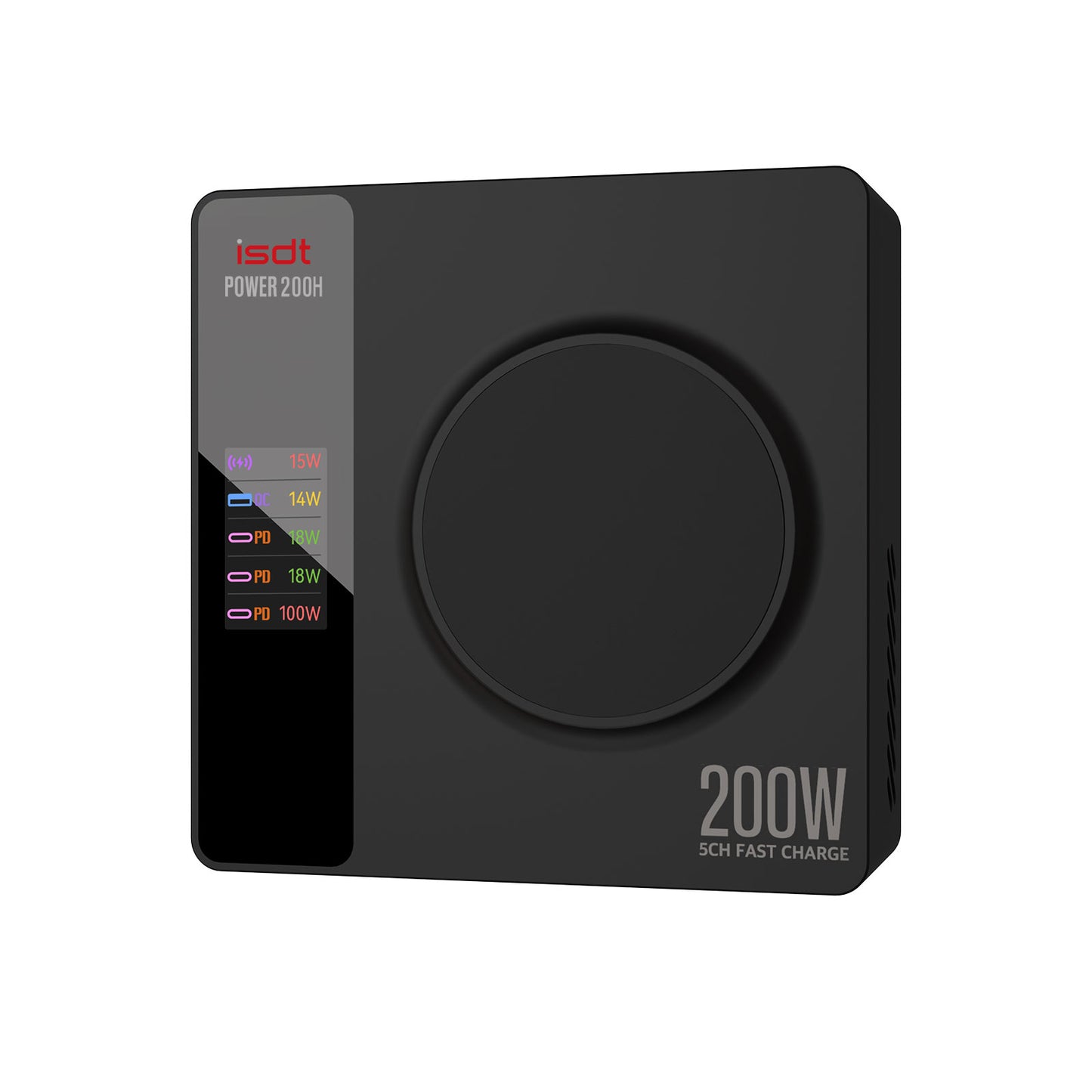 Power 200H USB C Charger,100W MAX Output Phone Charger with 4 USB+1 Wireless Charger Ports,LCD Display Multifunction Desktop Charger ISDT