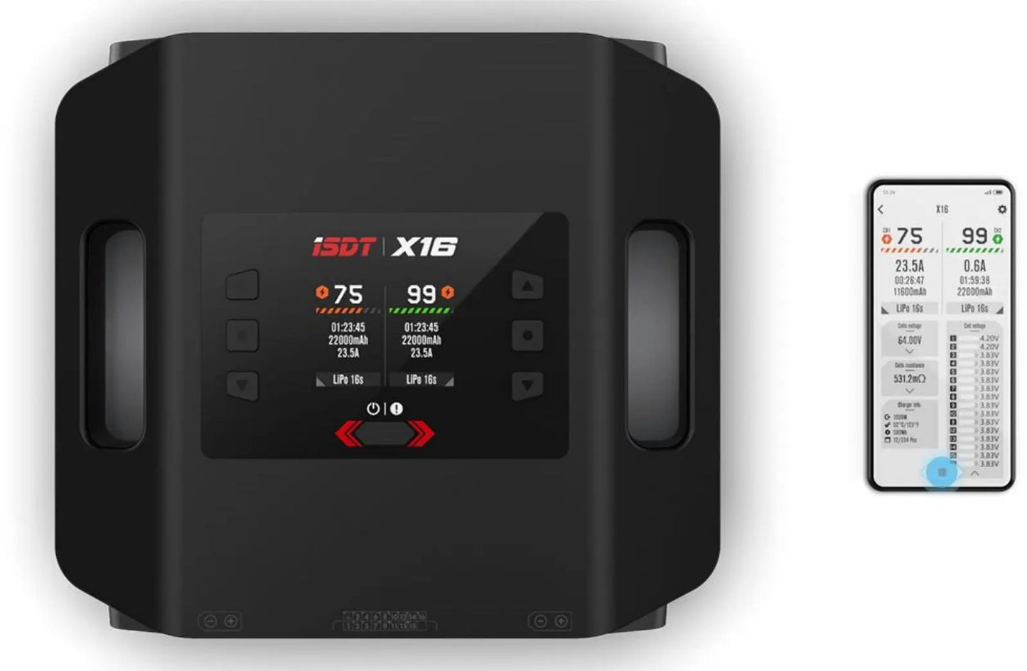 X16 Lipo Charger,1100W x 2/20A x 2 Dual Channel Lipo Charge and Discharge Cycle Balance Charger for 2~16S Batteries ISDT