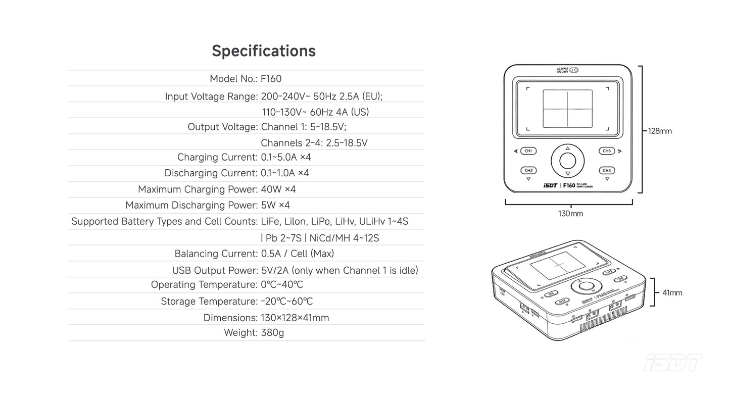 ISDT F160 Lipo Battery GaN technology 4 channels 40W AC Charger 5W ×4 Discharger LiHv/LiPo/Life/Lilon NiMH/Pb Charger ISDT Shop