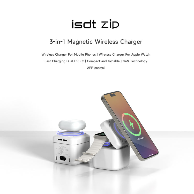 zip Magsafe Charger Stand,3 in 1 Wireless Magsafe Charger with 2x33W USB C Charge Ports for iPhone/Apple Watch/iPad/iPod,Portable Magsafe Charger for Home/Travel/Camp etc. ISDT