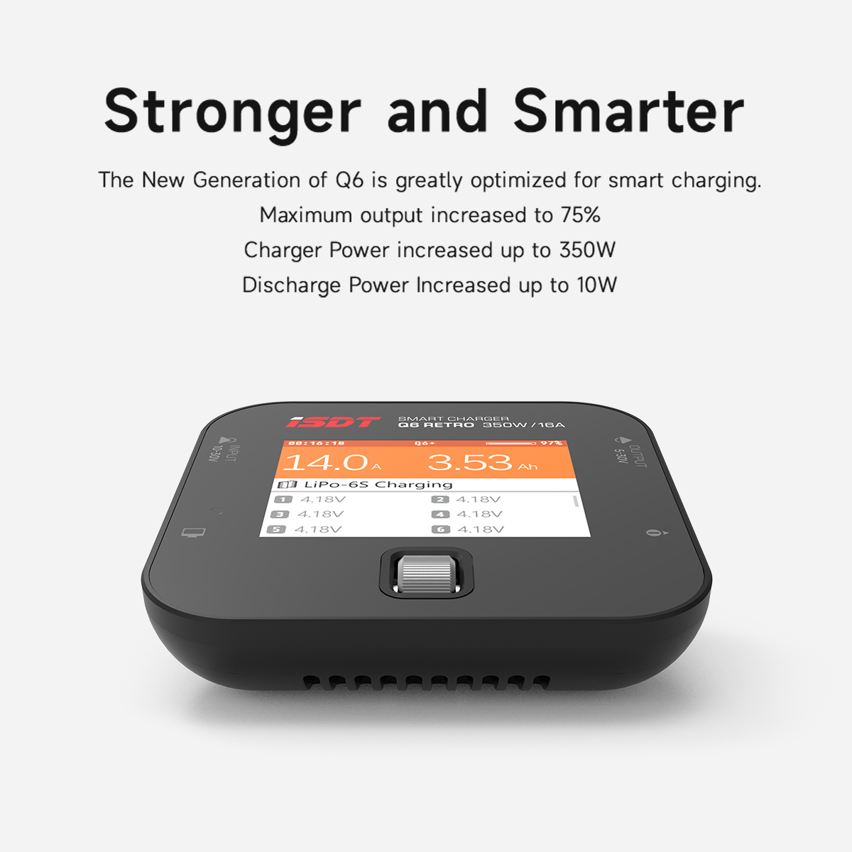 ISDT Q6 Retro 350W 16A DC Smart Pocket Charger, XT60 Battery Charger for 1-6S Life/LiPo/LiHV, Compact & Portable with USB-C Firmware Upgrade, Adjustable Digital Power Supply Mode ISDT