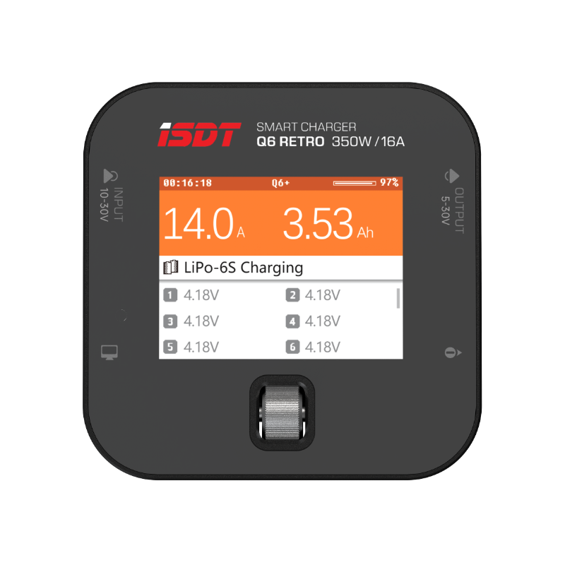 ISDT Q6 Retro 350W 16A DC Smart Pocket Charger, XT60 Battery Charger for 1-6S Life/LiPo/LiHV, Compact & Portable with USB-C Firmware Upgrade, Adjustable Digital Power Supply Mode