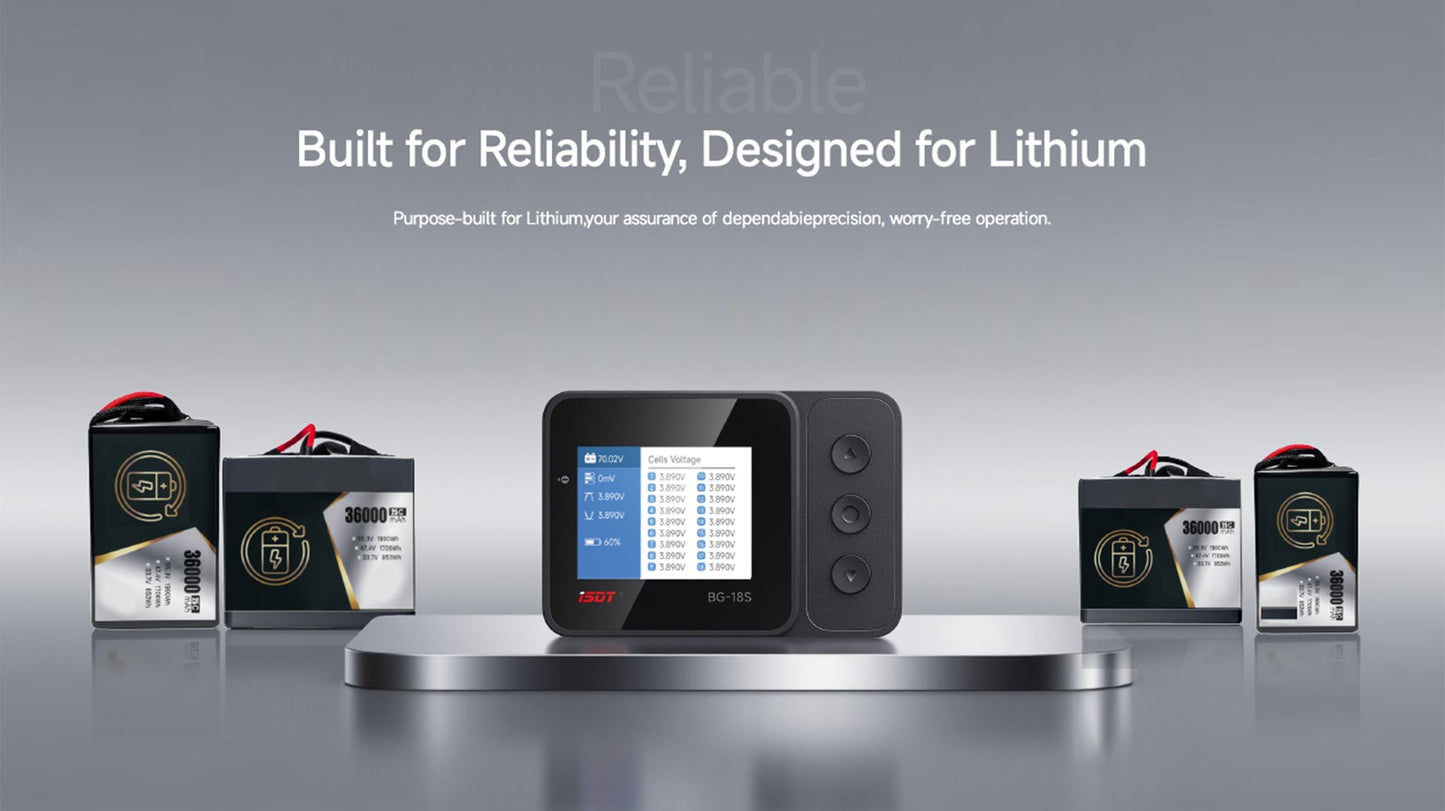 ISDT BG-18S Battery Meter, LCD Display Digital Battery Capacity Checker and Balancer for LiFe, LiPo, LiHv, ULiHv 12-18S ISDT Shop