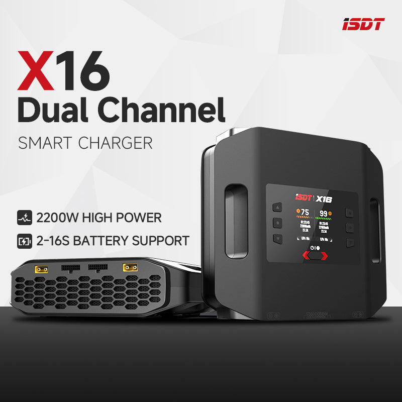X16 Lipo Charger,1100W x 2/20A x 2 Dual Channel Lipo Charge and Discharge Cycle Balance Charger for 2~16S Batteries ISDT