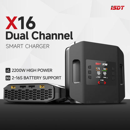X16 Lipo Charger,1100W x 2/20A x 2 Dual Channel Lipo Charge and Discharge Cycle Balance Charger for 2~16S Batteries ISDT