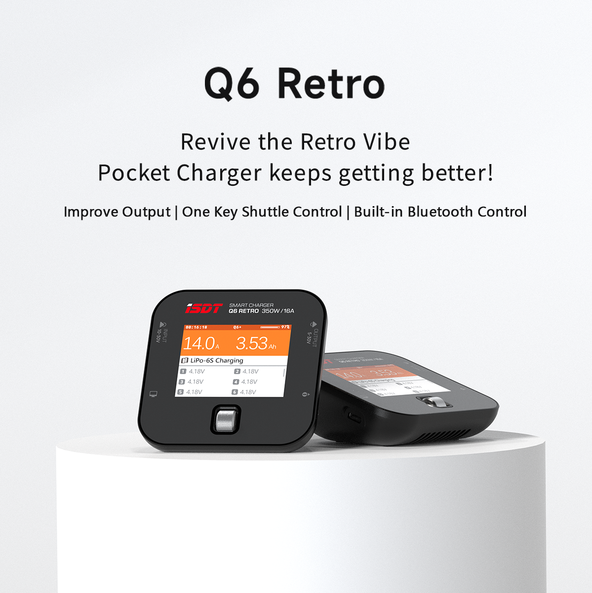 ISDT Q6 Retro 350W 16A DC Smart Pocket Charger, XT60 Battery Charger for 1-6S Life/LiPo/LiHV, Compact & Portable with USB-C Firmware Upgrade, Adjustable Digital Power Supply Mode ISDT