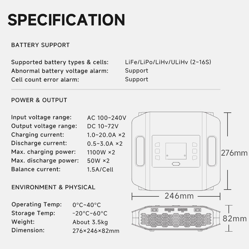 X16 Lipo Charger,1100W x 2/20A x 2 Dual Channel Lipo Charge and Discharge Cycle Balance Charger for 2~16S Batteries ISDT
