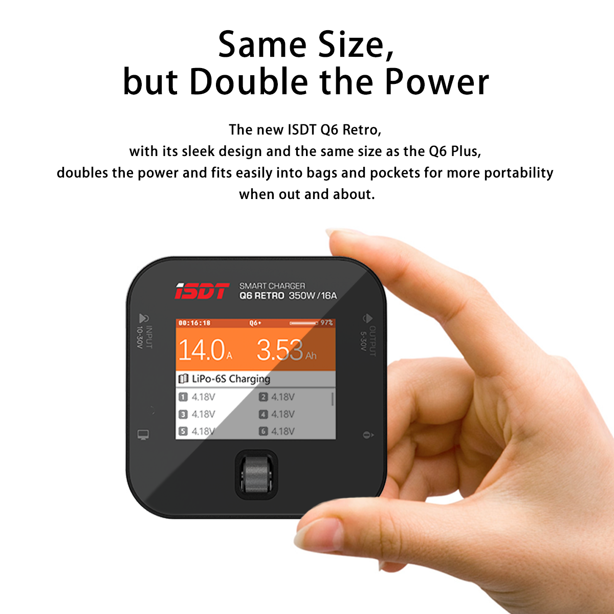 ISDT Q6 Retro 350W 16A DC Smart Pocket Charger, XT60 Battery Charger for 1-6S Life/LiPo/LiHV, Compact & Portable with USB-C Firmware Upgrade, Adjustable Digital Power Supply Mode ISDT