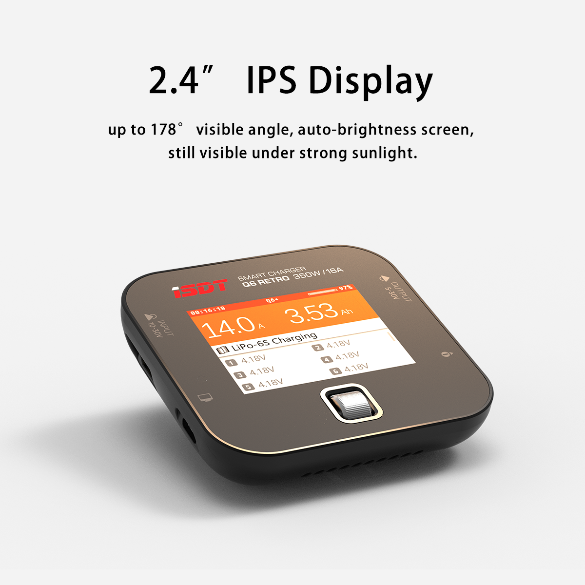 ISDT Q6 Retro 350W 16A DC Smart Pocket Charger, XT60 Battery Charger for 1-6S Life/LiPo/LiHV, Compact & Portable with USB-C Firmware Upgrade, Adjustable Digital Power Supply Mode ISDT