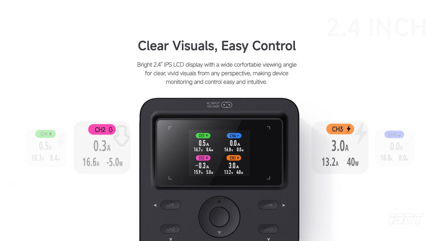 ISDT F160 Lipo Battery GaN technology 4 channels 40W AC Charger 5W ×4 Discharger LiHv/LiPo/Life/Lilon NiMH/Pb Charger ISDT Shop