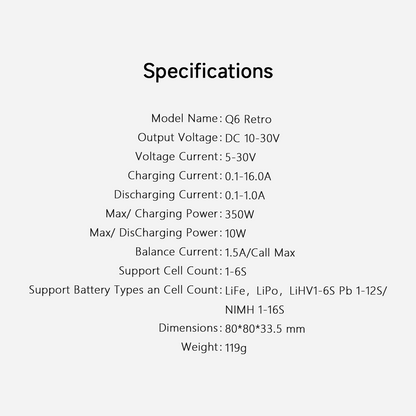 ISDT Q6 Retro 350W 16A DC Smart Pocket Charger, XT60 Battery Charger for 1-6S Life/LiPo/LiHV, Compact & Portable with USB-C Firmware Upgrade, Adjustable Digital Power Supply Mode ISDT