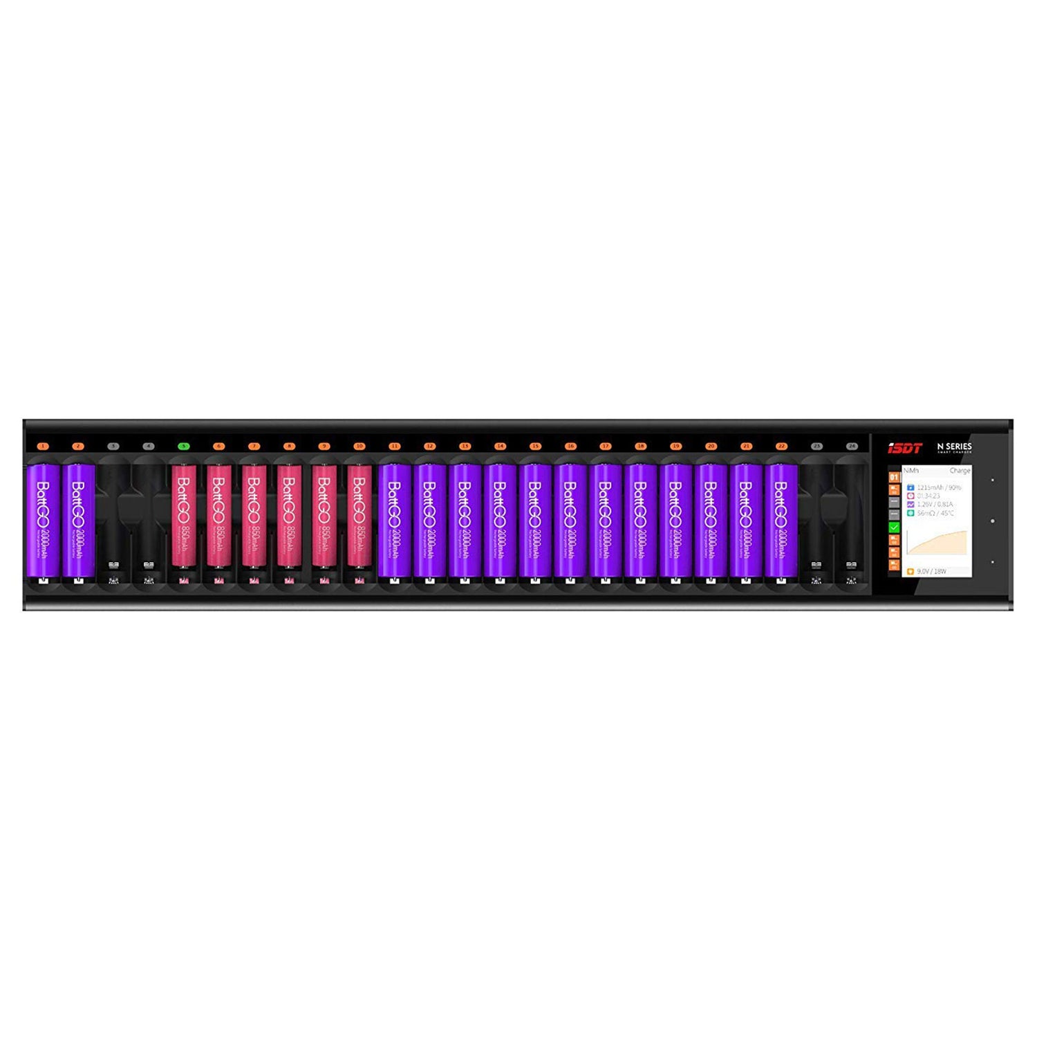 N24 LCD 24-SLOT BATTERY LAZARE FIR RACHARGHle Batterien, 48W Kampf fir AA / AAA Batterien