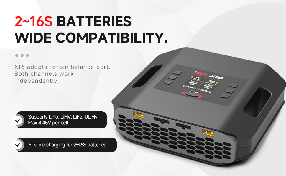 X16 Lipo Charger,1100W x 2/20A x 2 Dual Channel Lipo Charge and Discharge Cycle Balance Charger for 2~16S Batteries ISDT