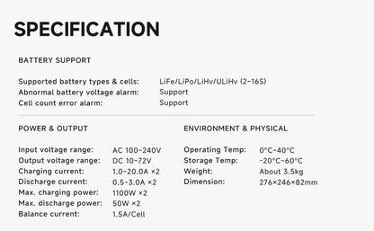 X16 Lipo Charger,1100W x 2/20A x 2 Dual Channel Lipo Charge and Discharge Cycle Balance Charger for 2~16S Batteries ISDT