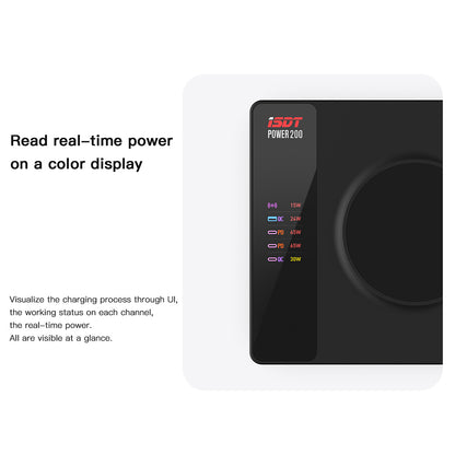 Power 200 Phone Charger,200W Smart Charger with 4 USB+1 Wireless Charger Ports,65W MAX Output LCD Display Multifunction Desktop Charger ISDT