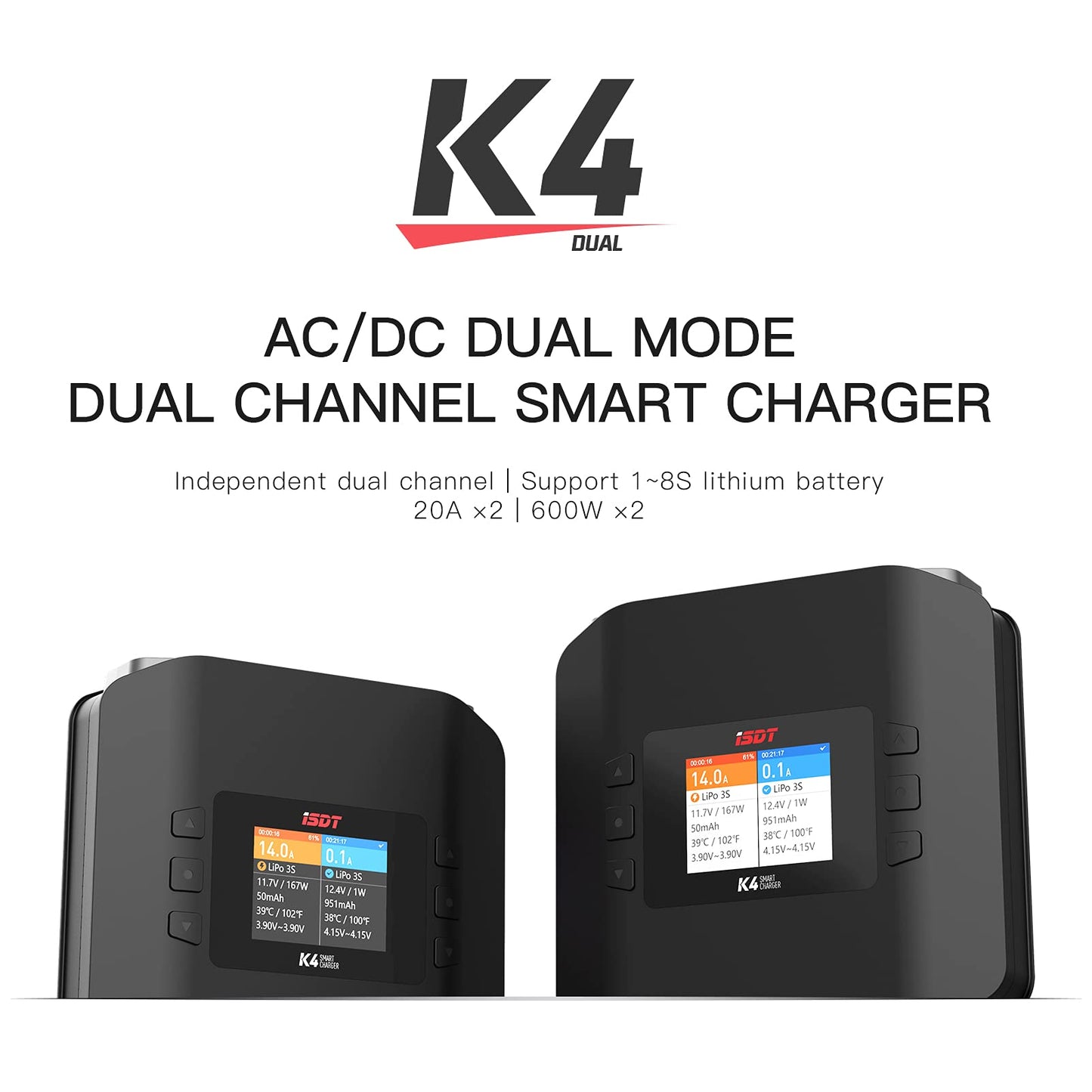 ISDT K4 LiPo Charge/Discharge Cycle Mode Charger,AC 400W DC 600Wx2 Smart Remote Mobile Operation Charger ISDT
