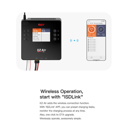 K2 Air Bluetooth Remote Control Lipo Charger,AC/DC 200W/500Wx2 20A Smart Balance Discharger/Charger ISDT